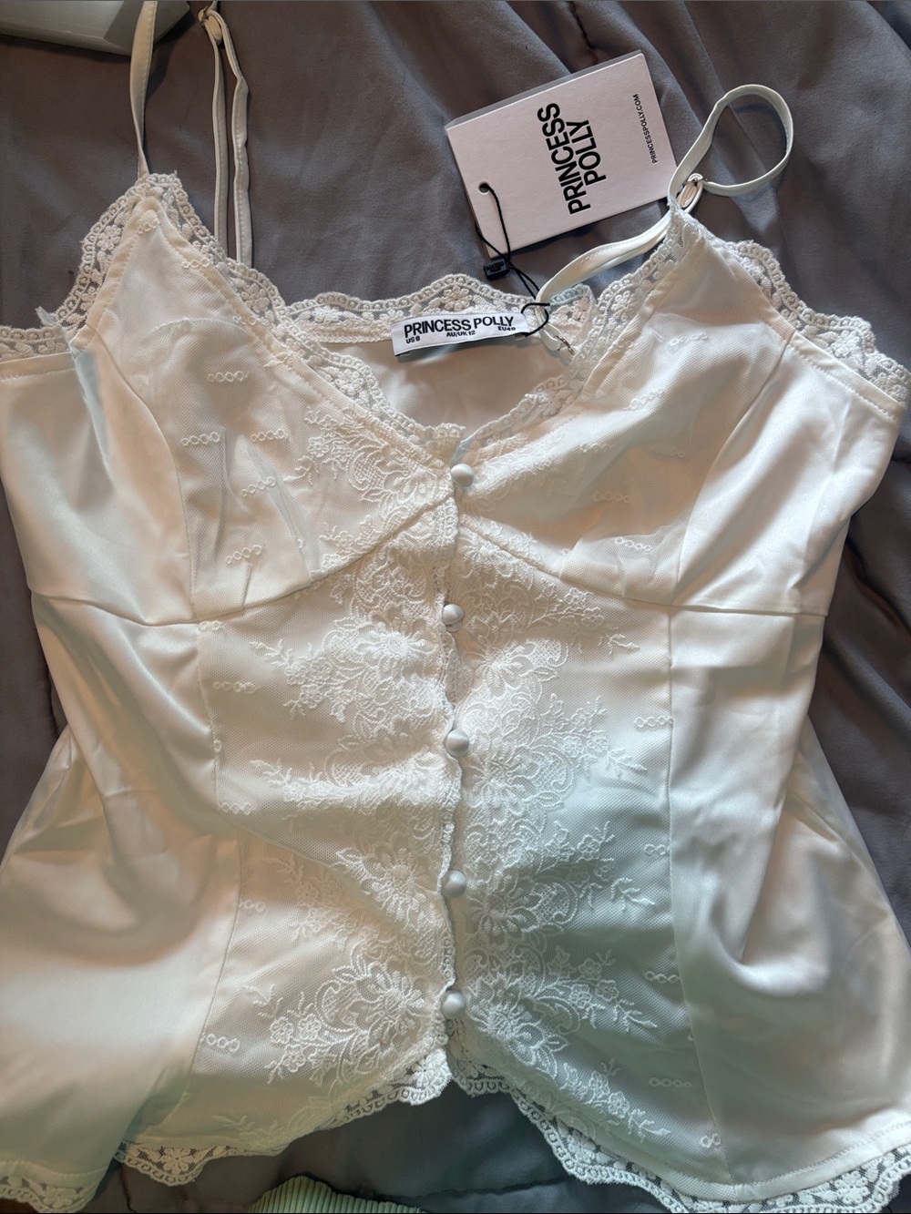 Princess Polly Juliana Ivory Satin Lace-Trim Cami with Covered Buttons